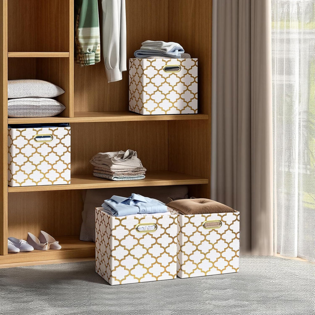 Posprica 11x11x11 Storage Cube Bins, Collapsible Storage Bins Fabric Storage Cubes Organizer Baskets Box Drawers for Shelves, Closet, Wardrobe, Bookshelf, Cabinet, Cream/Gold Lantern, 4 Pack