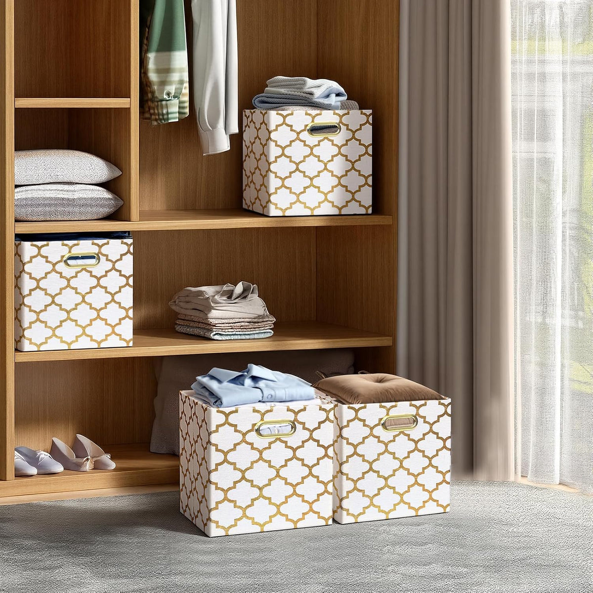 Posprica 11x11x11 Storage Cube Bins, Collapsible Storage Bins Fabric Storage Cubes Organizer Baskets Box Drawers for Shelves, Closet, Wardrobe, Bookshelf, Cabinet, Cream/Gold Lantern, 4 Pack
