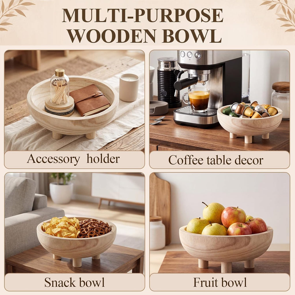 Natural Wooden Fruit Bowl with 4 Legs for Kitchen Counter