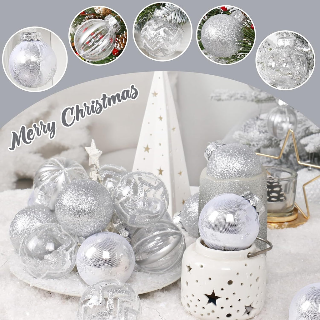 30PCS Silver Clear Christmas Ball Ornaments Set for Xmas Tree Decorations