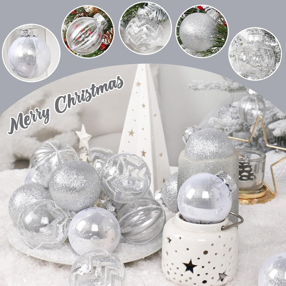 30PCS Silver Clear Christmas Ball Ornaments Set for Xmas Tree Decorations