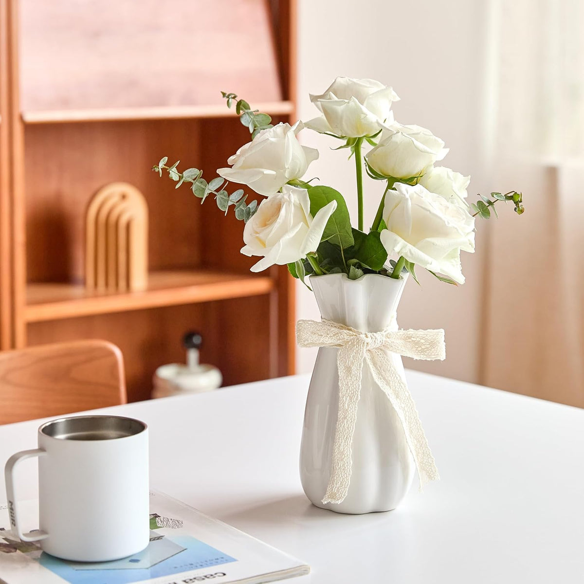 White Ceramic Flower Vase, 8 in Modern Decorative Vases for Home Decor