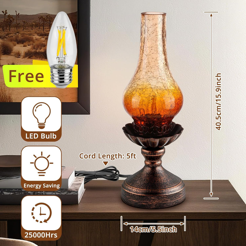 Vintage Table Lamp with Amber Gradient Crackle Glass Shade,Touch Control & 3-Way Dimmable Rustic Retro Farmhouse Bedside Lamp for Bedroom, Living Room, Cabin, Office (2700K LED Candle Bulb Included)