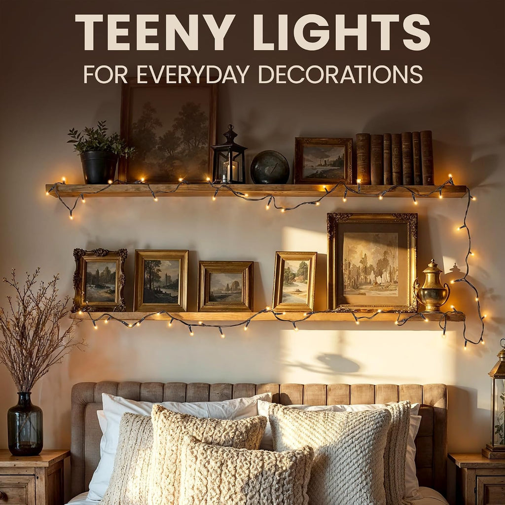 Incandescent Teeny Lights 50 ct – Warm Mini Bulbs with Brown Cord – Indoor/Outdoor Water-Resistant Farmhouse String Lights for Patio, Wedding, Home Décor, Rustic Christmas