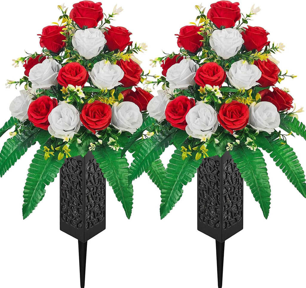 Mirevielyn 18-Stem Artificial Rose Cemetery Flowers with Spiked Vases