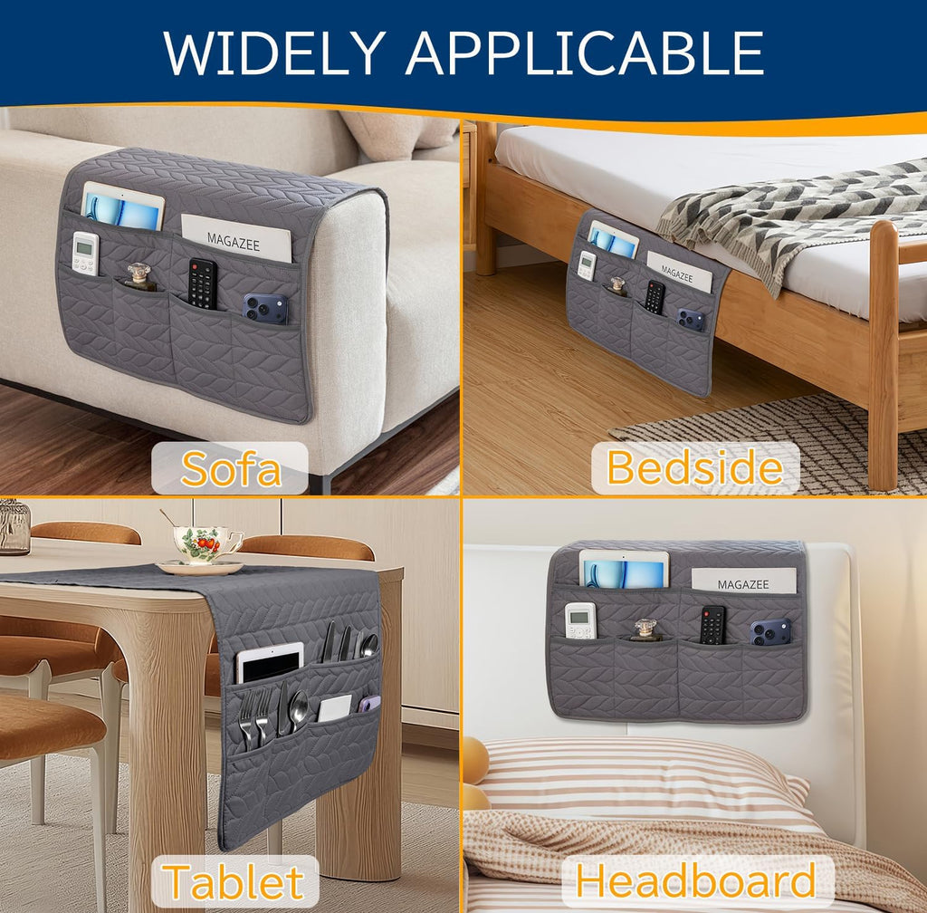 Remote Control Holder for Armchair, Couch Caddy Organizer TV Remote Holder for Recliner Couch With 6 Pockets, Non-Slip Arm Chair Caddy Bedside Table Organizer for Magazine, Tablet, Phone, iPad (Grey)