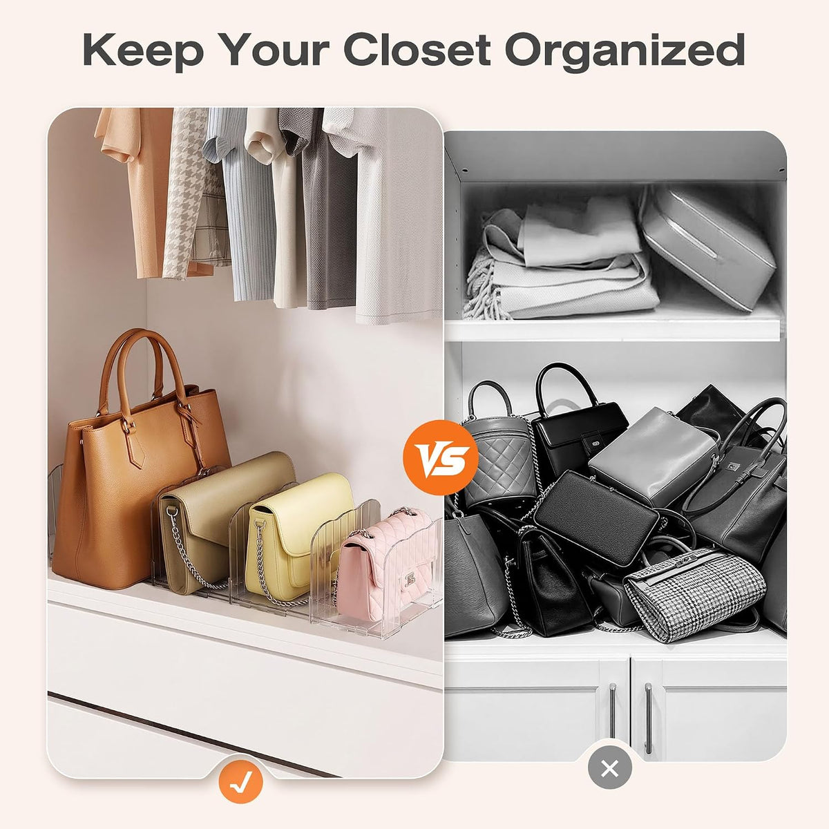 Glxgow 4 Pack Adjustable Acrylic Purse Organizer for Closet Shelf, Clear Handbag Storage Dividers, Detachable & Connectable Bag Organizer for Wallets, Clutches, Purses and Handbags