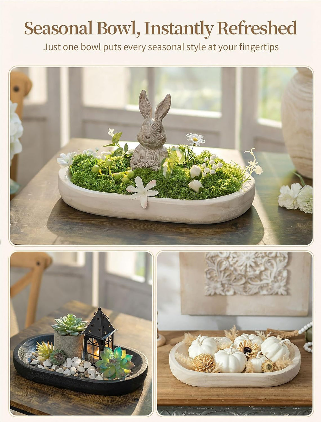 Hanobe Wooden Decorative Key Bowl for Coffee Table Decor, Rustic White