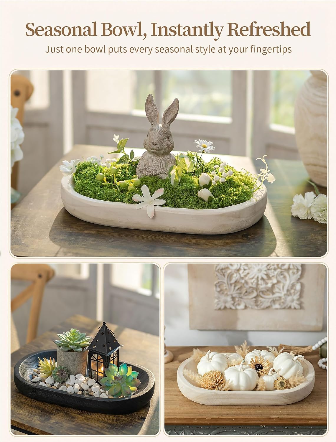 Hanobe Wooden Decorative Key Bowl for Coffee Table Decor, Rustic White