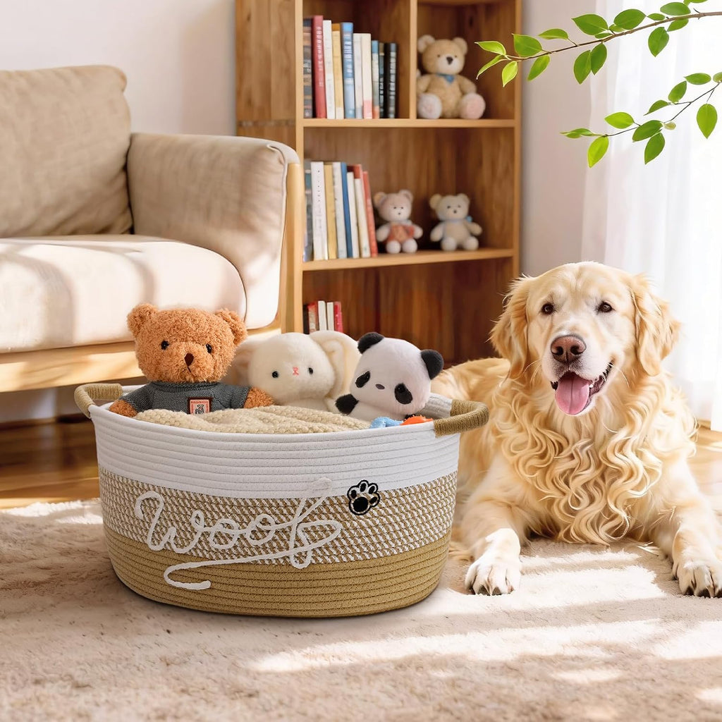 Woof Dog Toy Basket with Handles, Large Dog Toy Storage Bin with Paw Print, Woven Dog Basket for Blankets, Toys, Chews, Pet Toy Box for Nursery, Living Room, Bedroom, 20”x14”x9, Yellow