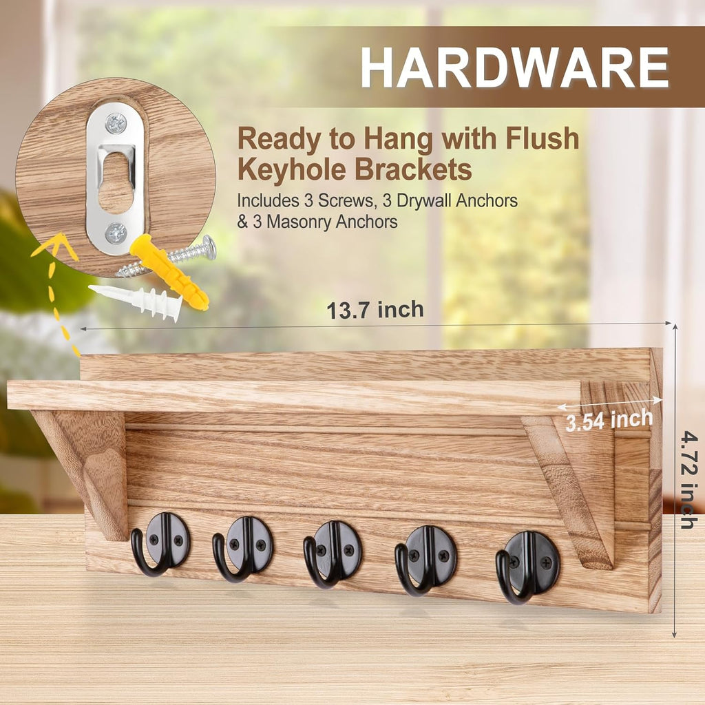 Lwenki Wall Key Holder, Rustic Shelf with Hooks Made of Paulownia Wood Holds Keys, Dog Leash, Bags and More - 13.7" W x 4.7" H x 3.5" D Decorative Key Hanger and Entryway Shelf