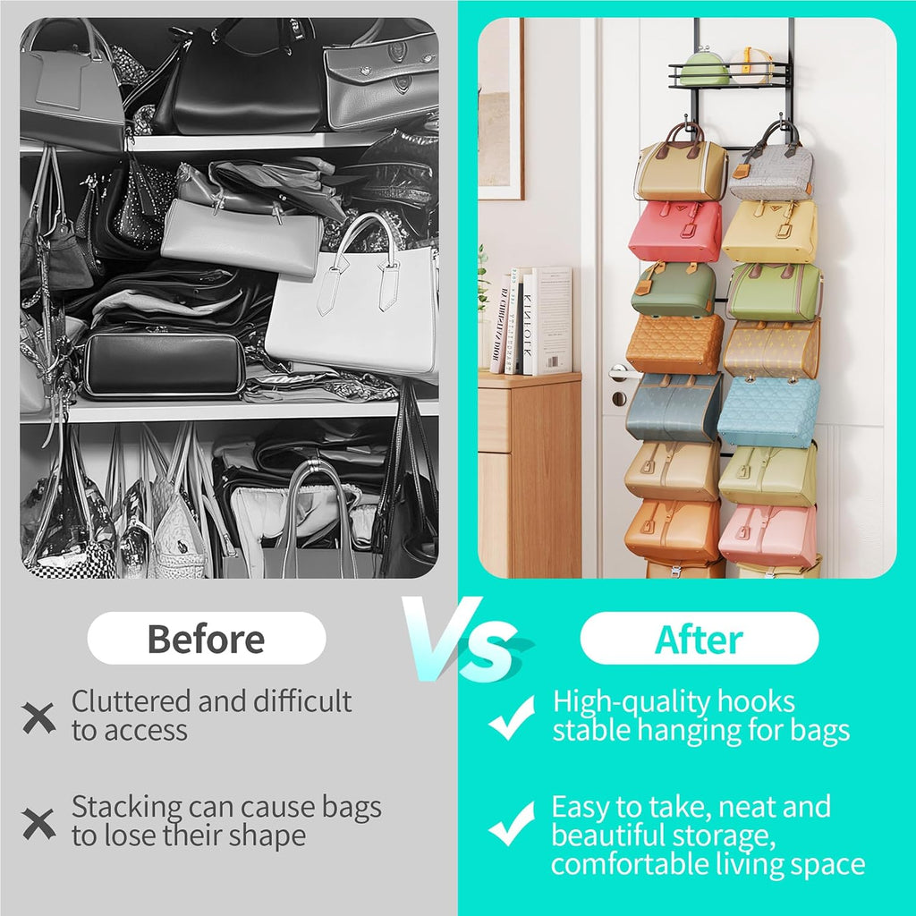 HapiRm Over the Door Purse Organizer - Wall Mounted Purse Rack with 16 Hooks and Metal Basket, Hanging Handbag Organizer Holds up to 16 Bags, Bag Rack Can Use As 1/2 Part, for Door, Closet (Black)