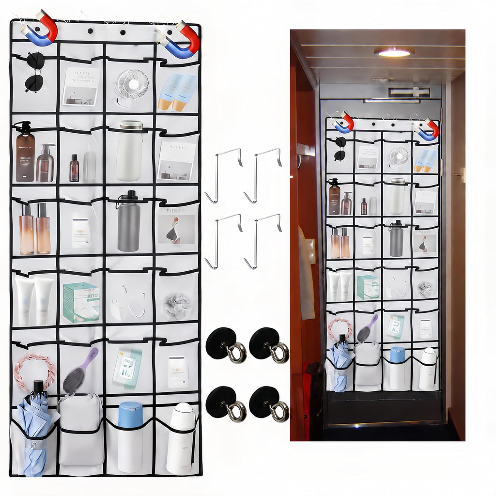 Magnetic Door Organizer for Cruise Ships, 24 Mesh Pockets, White