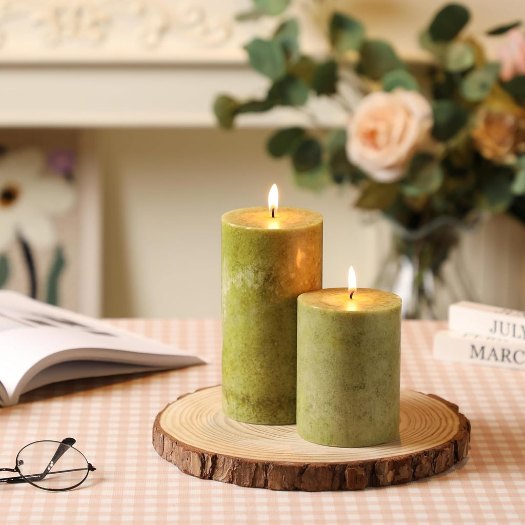 3x6 inch Green Pillar Candles Set of 3, Unscented Pillar Candle, Dripless and Smokeless Large Candles, Spring Candle for Home Decor, Dinner Table,Weddings, Holidays (Pack of 3)