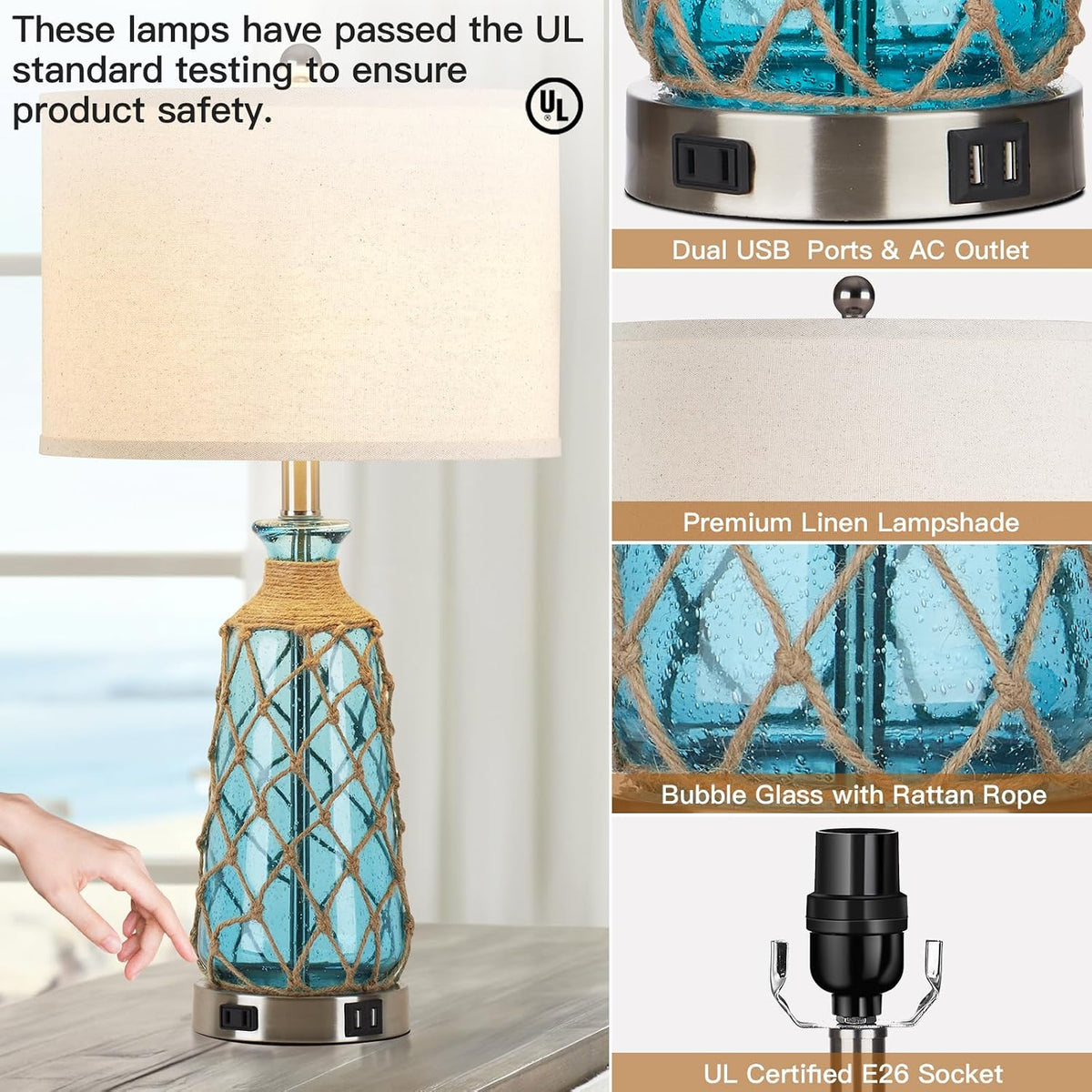 Ruzectt Coastal Glass Table Lamps, 3-Way Dimmable Touch Control Bedside Lamps with 2 USB Ports and AC Outlet, Teal Nautical Nightstand Lamps for Bedroom Living Room (LED Bulbs Included)