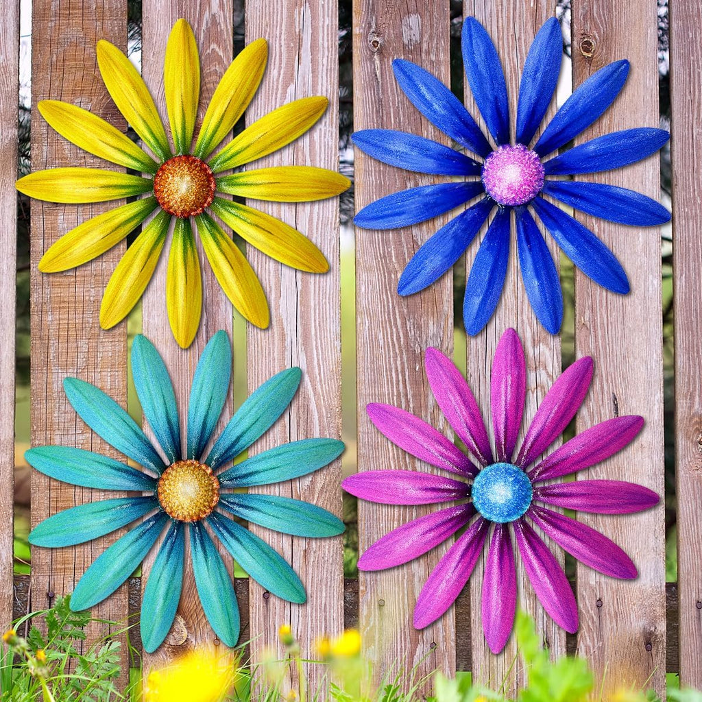 Giyyomtr Metal Flowers Wall Decor - 4pcs 6.2'' Metal Wall Art Hanging Decorations for Outdoor Fence Garden Yard Patio Exterior Wall Decor