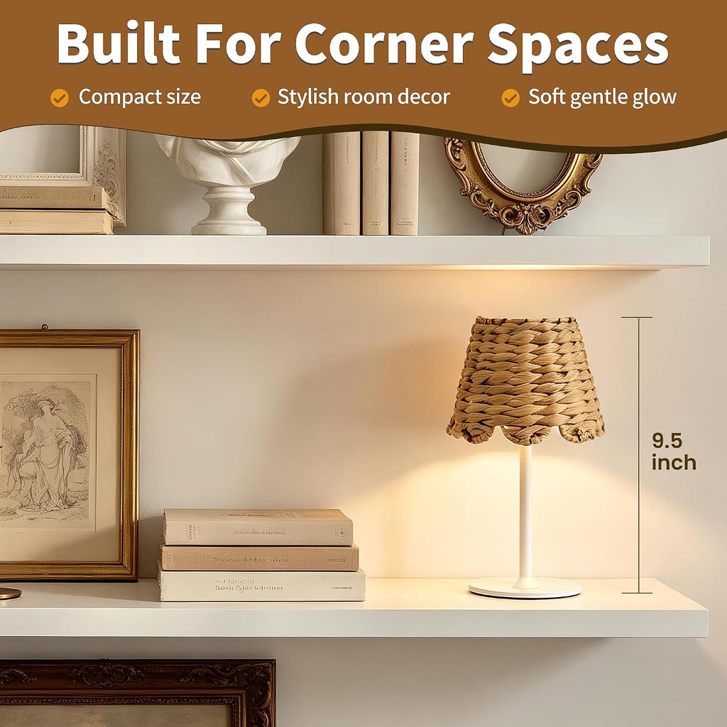 Cordless Rechargeable Table Lamp with Bohemian Wicker Water Hyacinth Lampshade, Battery Powered Top Touch Table Light with 3 Color Stepless Dimming for Patio Restaurant (White)