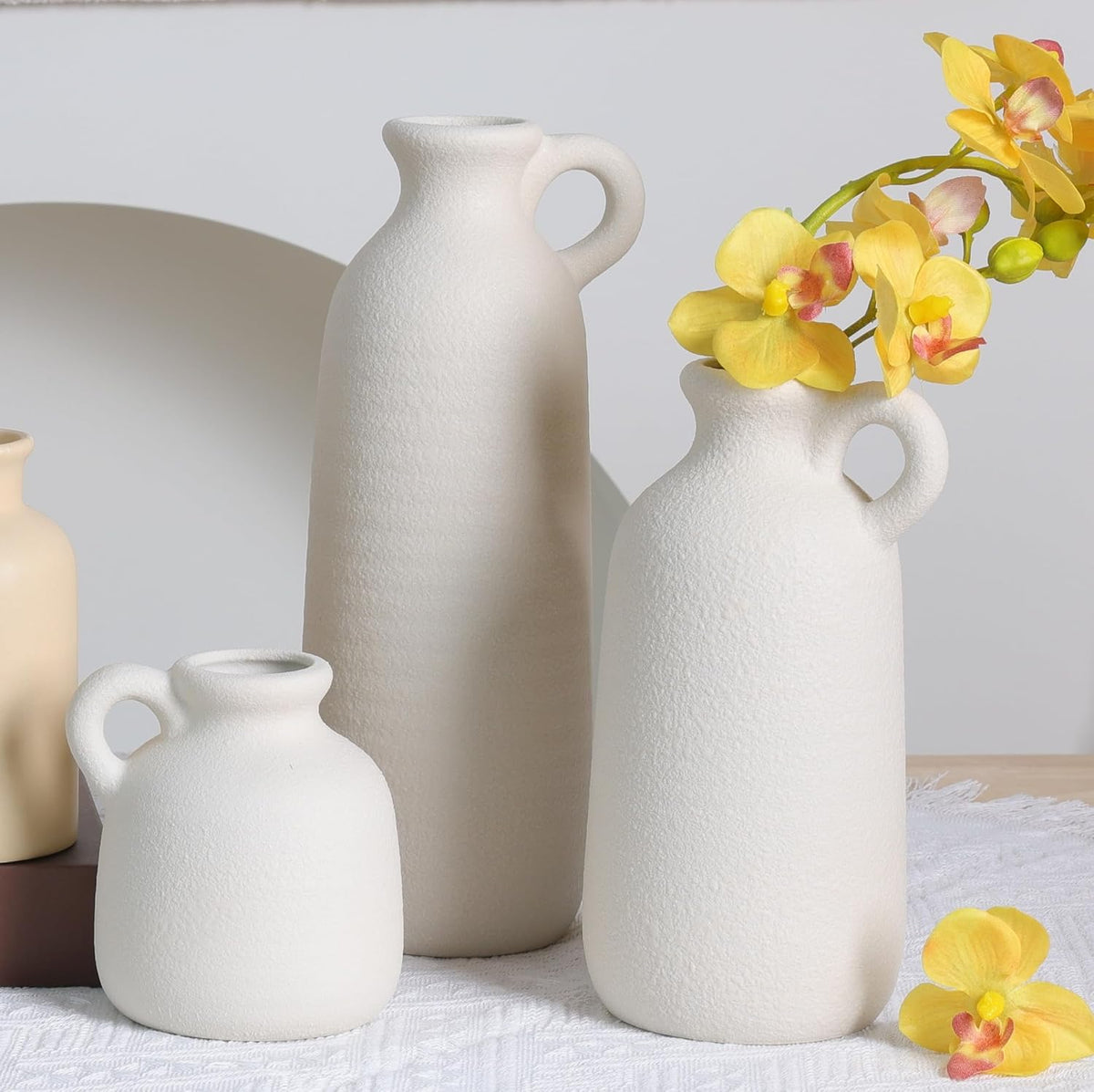 White Ceramic Vase Set of 3 with Handle, Waterproof Vases for Pampas Grass