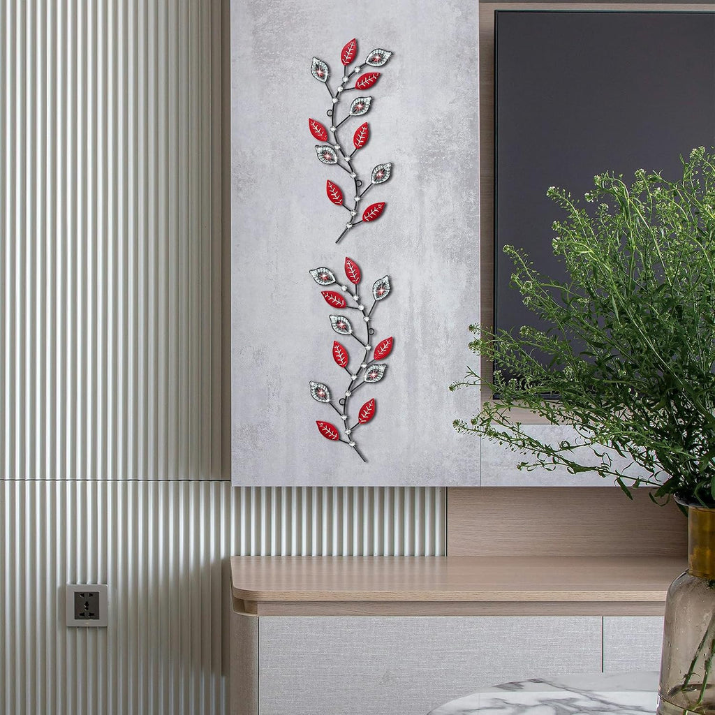 sxnzequnze 2 Set Metal Tree Leaf Wall Art for Home Decor Living Room Bedroom Dining Room Bling Rhinestone, 3D, Iron Branch Hanging Leaf Sculpture Art Pieces -Red 16.5in*6.7in