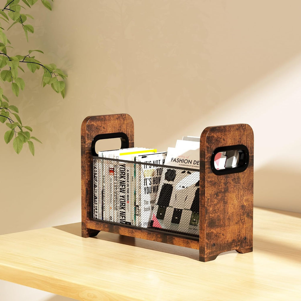 Wood Magazine Holder & Rack - Retro Brown Mesh Storage Basket for Books, Newspapers, Files - Desk/Floor Organizer