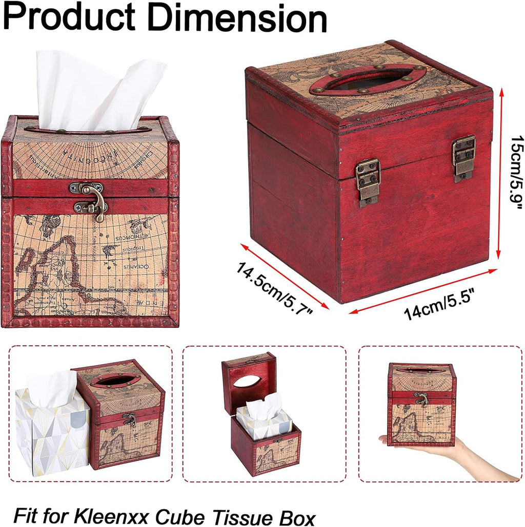 Sumnacon Wood Tissue Box Cover Square, Vintage Retro Tissue Holder, Red