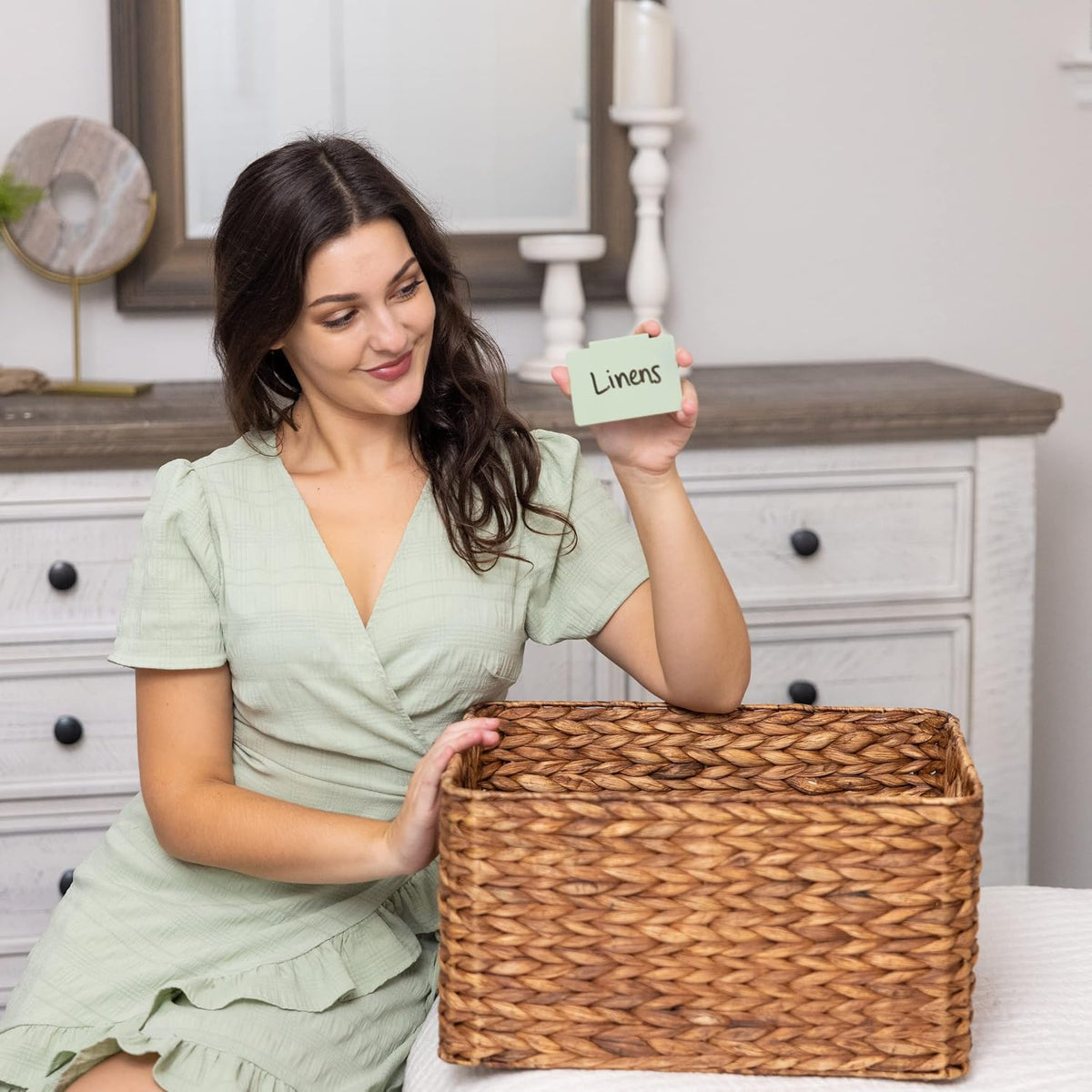 Hygge & Sage: Metal Non-Slip Basket Labels Clip On for Storage Bins, or Wire Racks | Includes 8 Labels, 8 Non-Slip Pads, and 2 Free Markers (Sage Green)