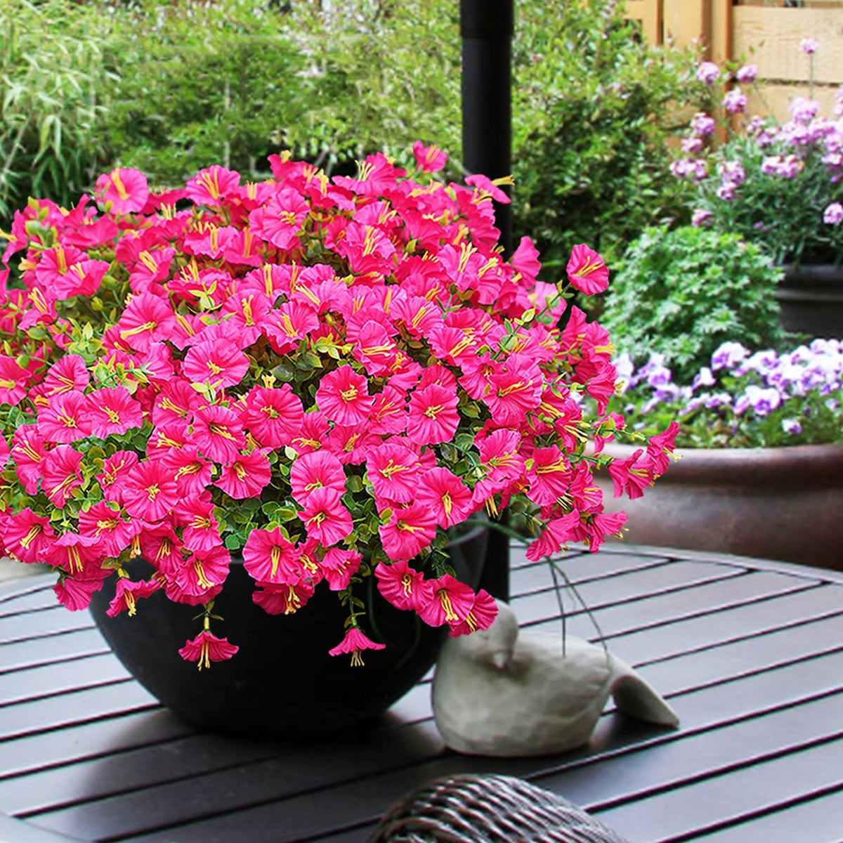Artificial Flowers for Outdoors, UV Resistant Fake Silk Morning Glory, Realistic Faux Plants for Outside Porch Patio Window Box Hanging Planter (12, Hot Pink)