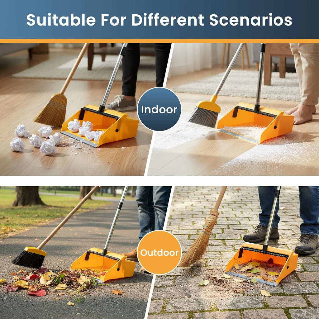 REEWII Large Commercial Dustpan with Comb，Long Handle Upright Heavy Duty Dust Pan Outdoor Indoor for Courtyards, Garages, Lobbies, Shopping Malls, Market Floors, Sidewalks, Classroom Floor Cleaning