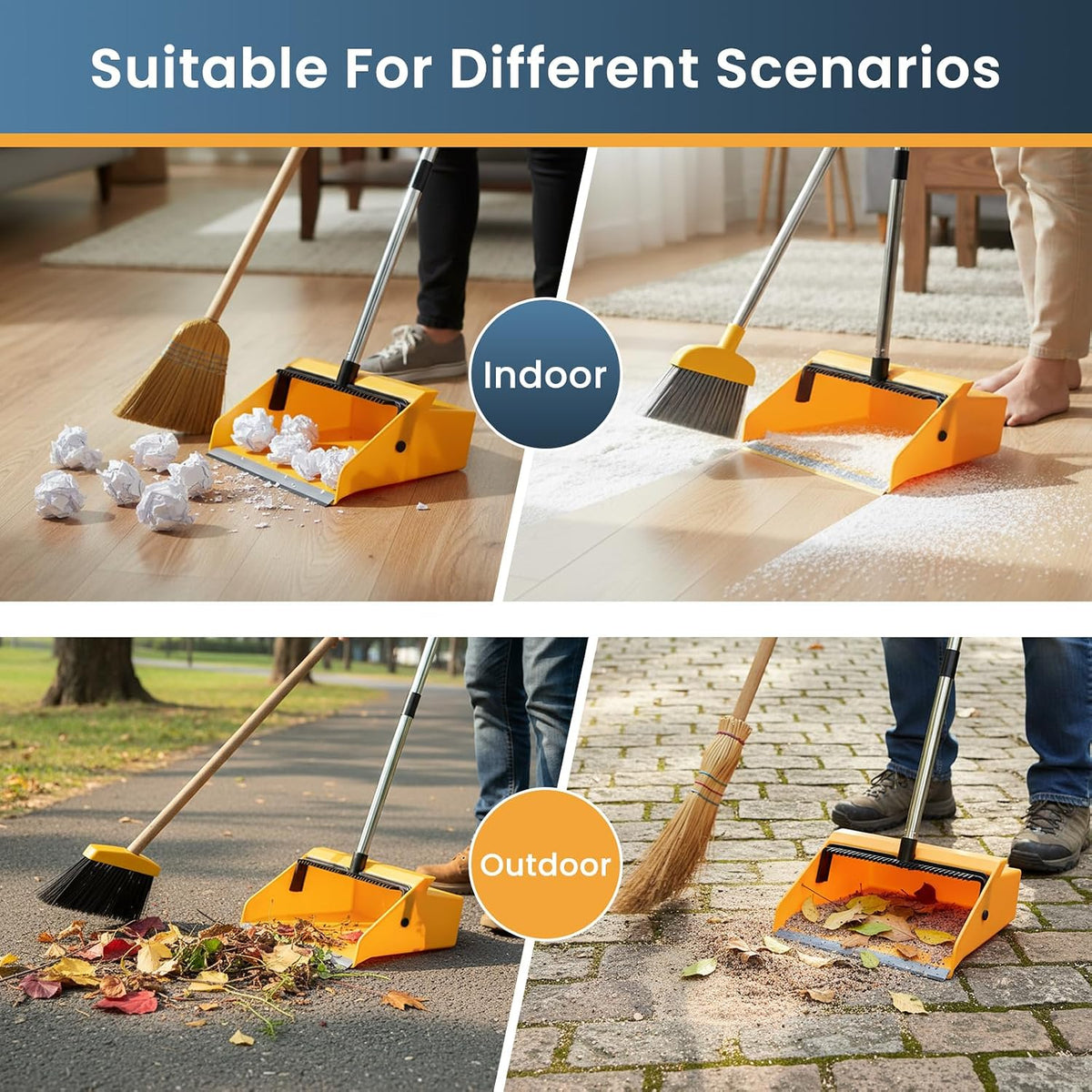 REEWII Large Commercial Dustpan with Comb，Long Handle Upright Heavy Duty Dust Pan Outdoor Indoor for Courtyards, Garages, Lobbies, Shopping Malls, Market Floors, Sidewalks, Classroom Floor Cleaning