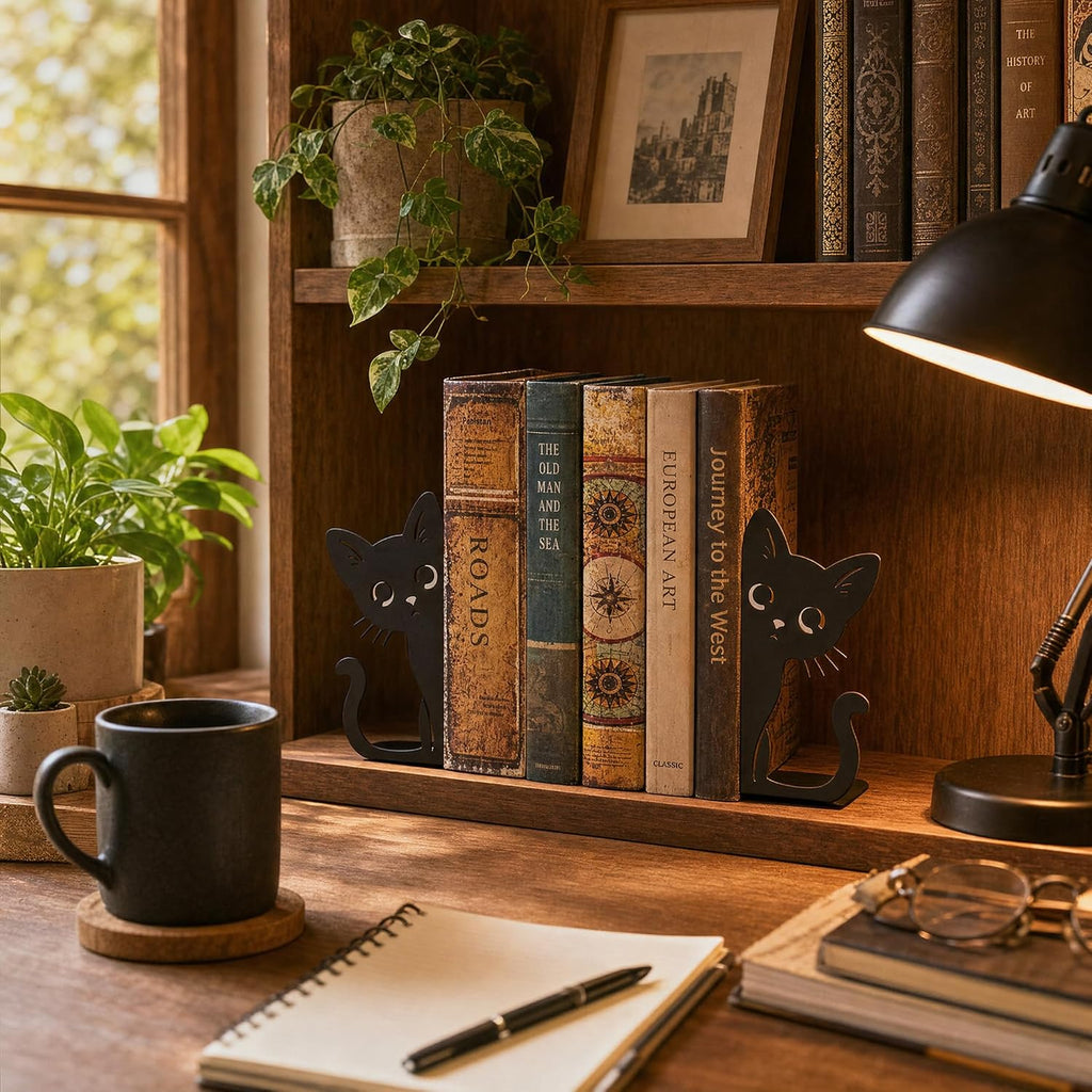 Cat Bookends, Metal Cat Design Book Holder Set of 2, Decorative Bookends for Bookshelf, Office Desk and Home Library