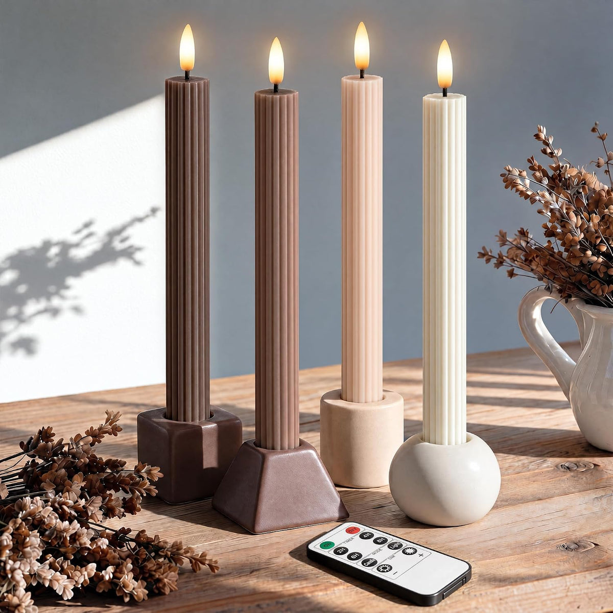 Coordinated Chocolatey Mocha Brown 4 Pack, 10" Real Wax LED Flameless Fluted Ribbed Grooved Taper Candles, Remote & Timer Memory, On/Off Button, Dimmable, Battery Operated, Menorah Wedding