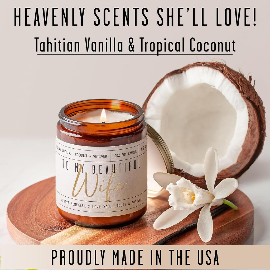 Gift for Anniversary for Women, Valentines Day Gift for Her, Wedding Anniversary for Wife -to My Beautiful Wife Candle, w/Vanilla, Coconut & Vetiver I Valentines I 9oz, 50Hr Burn, USA Made