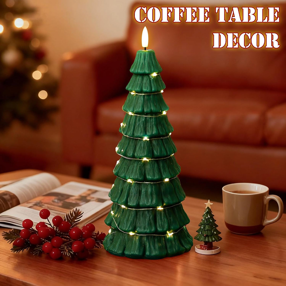 Flameless Christmas Tree Candles with Remote, 3D Flickering Flame Battery Operated LED Candle with Starlight String, Large Electric Tree Candles for Christmas Home Decor, Green