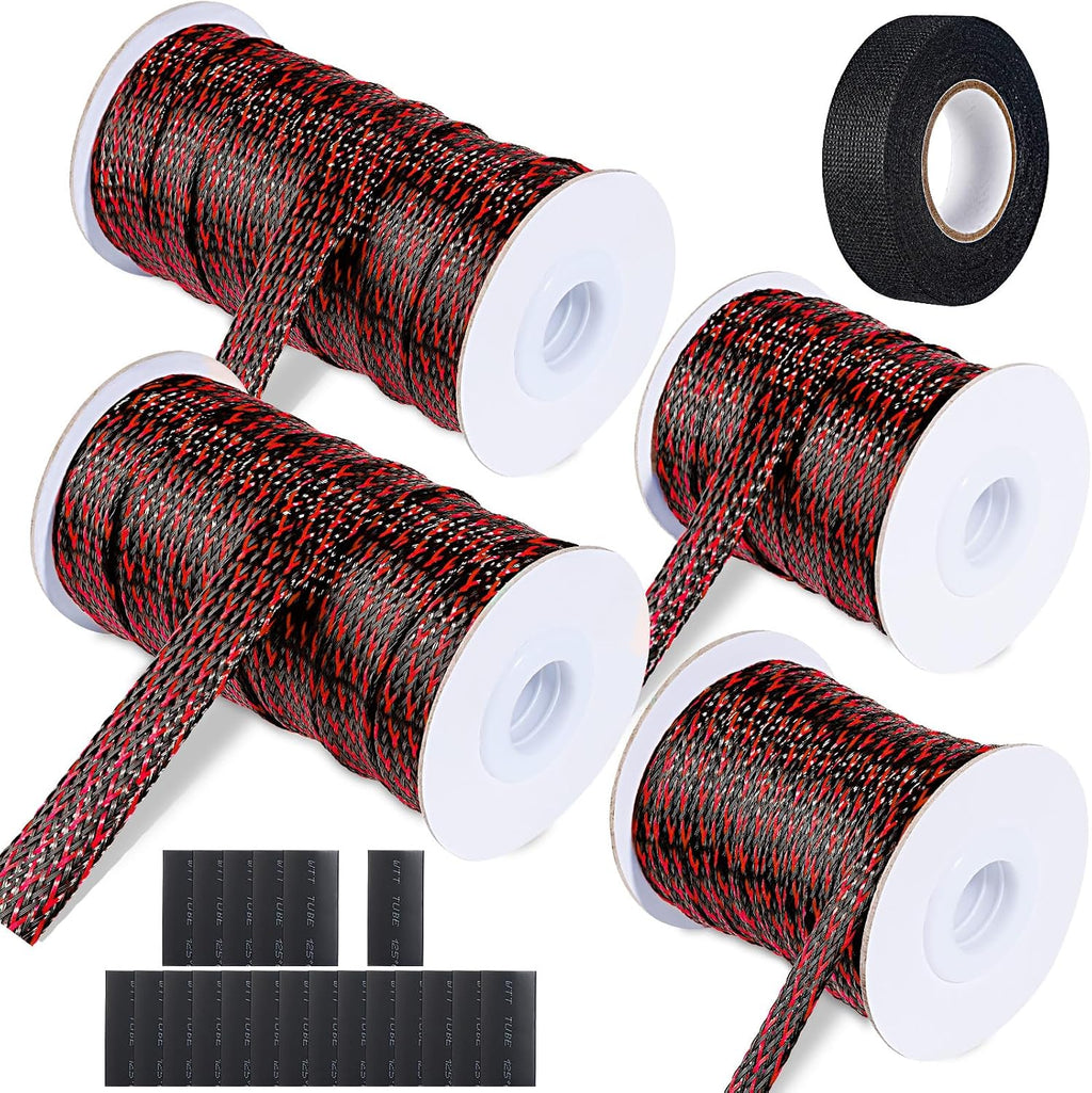 132 ft Expandable Braided Cable Sleeve Wire Loom PET Wire Sleeving，Wrap Management Mesh for Audio Video and Other Home Device Cable Automotive Wire - (1/2 Inch, 1/4 Inch, 3/8 Inch,3/4 Inch, Red)