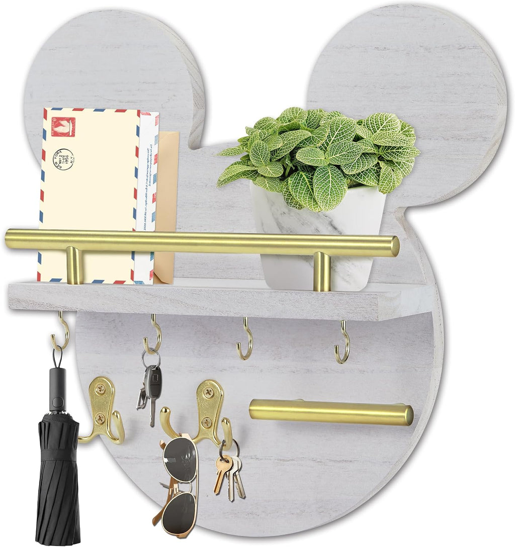 AIRPOP Key Holder for Wall–Mouse Wooden Mail Organizer Wall Mount with Shelf and 6 Hooks, Easy Installation Key Rack Hanger for Entryway Living Room Home Decor(White)