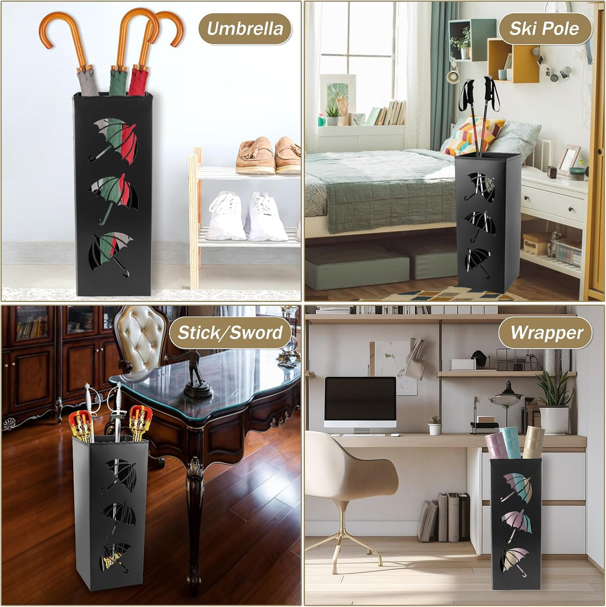 Metal Umbrella Holder, 16.5x6.3x6.3inch Square Free Standing Umbrella Rack Decorative Umbrella Holder Bin Multipurpose Walking Sticks Holder for Umbrella Cane Entryway Home Office (Style B)