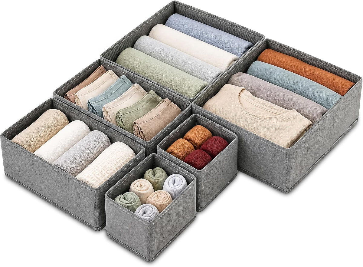 Foldable Underwear Drawer Organizer, 6 Pack Fabric Storage Bins with Zipper Bottom, Bra Drawer Organizer & Sock Organizer for Dresser, Foldable Clothes Organizer Set, Grey