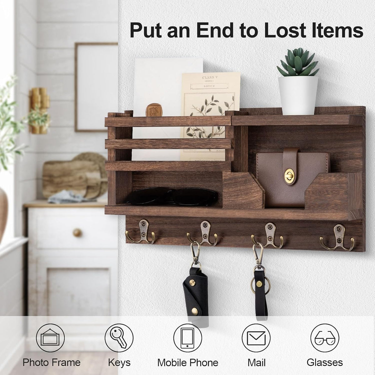 Lwenki Mail and Key Holder for Wall – Decorative 15.9” x 8.7” x 3.2” Entryway Organizer with Shelf – Paulownia Wood with 4 Dual Hooks Includes Mounting Hardware and Installation Guide