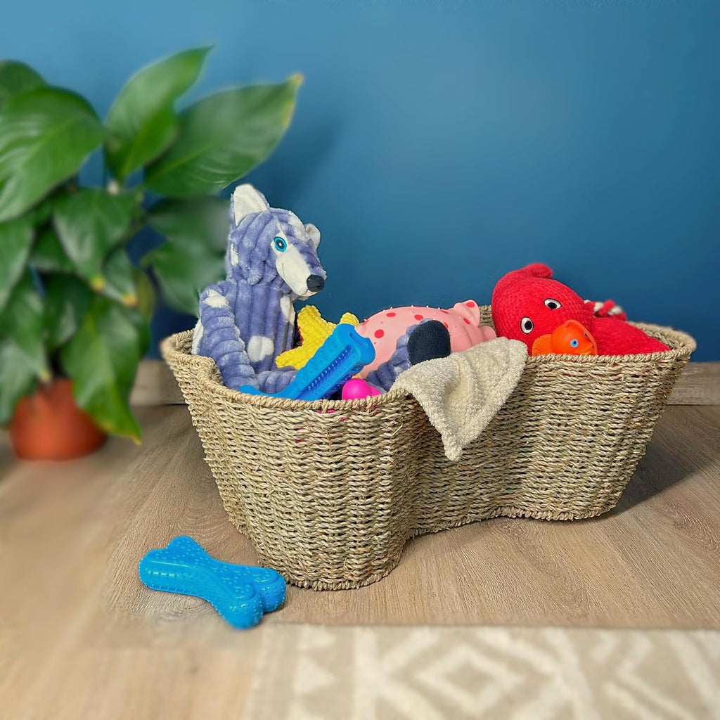 OtterPets Dog Toy Basket, Seagrass Bone Shaped Dog Toy Bin, 22x14