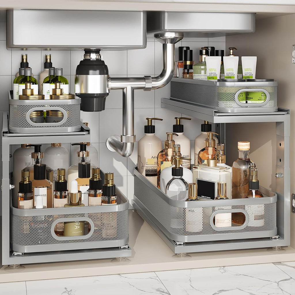 2 Pack 18.5IN-Depth Under Sink Organizer With Next-Gen Ball-Bearing Slides,2-Tier Precision Mesh Pull Out Cabinet Storage for Bathroom&Kitchen,Height Adjustable Drawers Shelf,Anti-rust-Grey