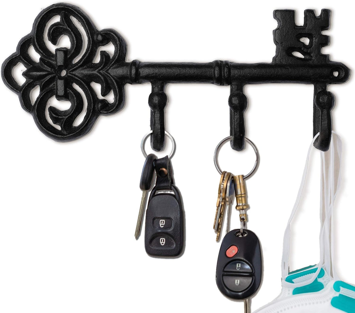 IRISVITA Key Holder for Wall Decorative, Antique Black Cast Iron Key Holder, Rustic Key Hooks for Wall with 3 Hooks, 8.75 x 3.5 Inches with Gitable Packaging, Matching Screws and Anchors Included
