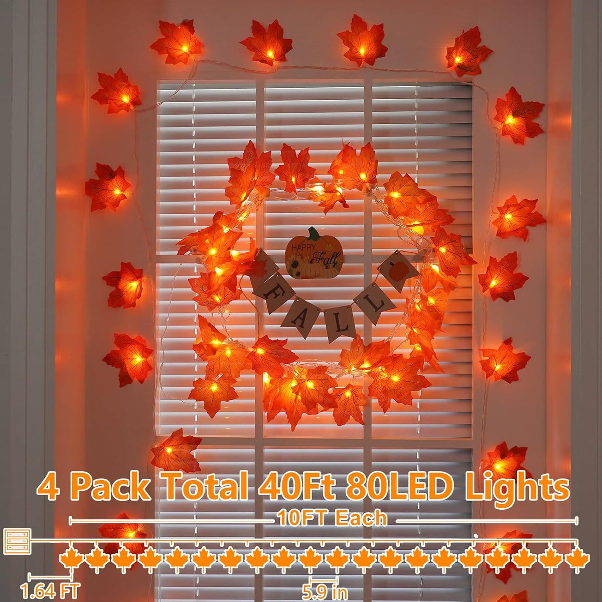 YEGUO 4 Packs Thanksgiving Decorations for Home, Fall Lights Battery Operated, Total 40ft 80 LED Lighted Fall Garland Maple Leaves for Thanksgiving Decor