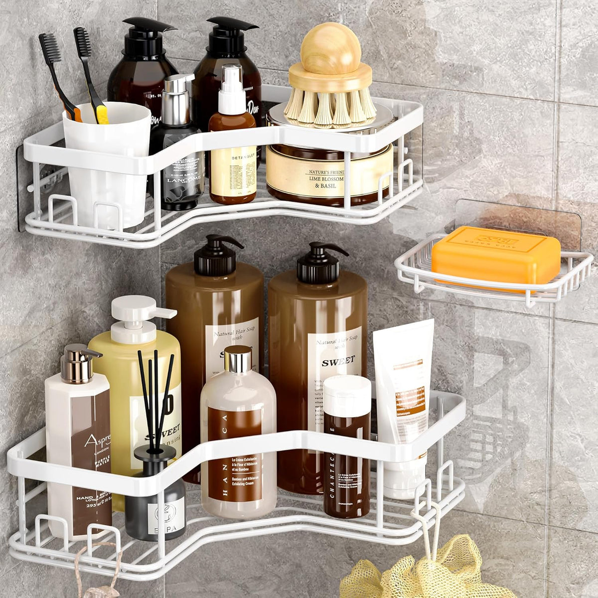 MAXIFFE 3 Pack X-Large Corner Shower Caddy with Soap Holder, Large Capacity Sturdy Easy Install No Drilling Stainless Steel Hold 40 LB Shower Organizer Shelves Rack for Family Renters Bathroom, White