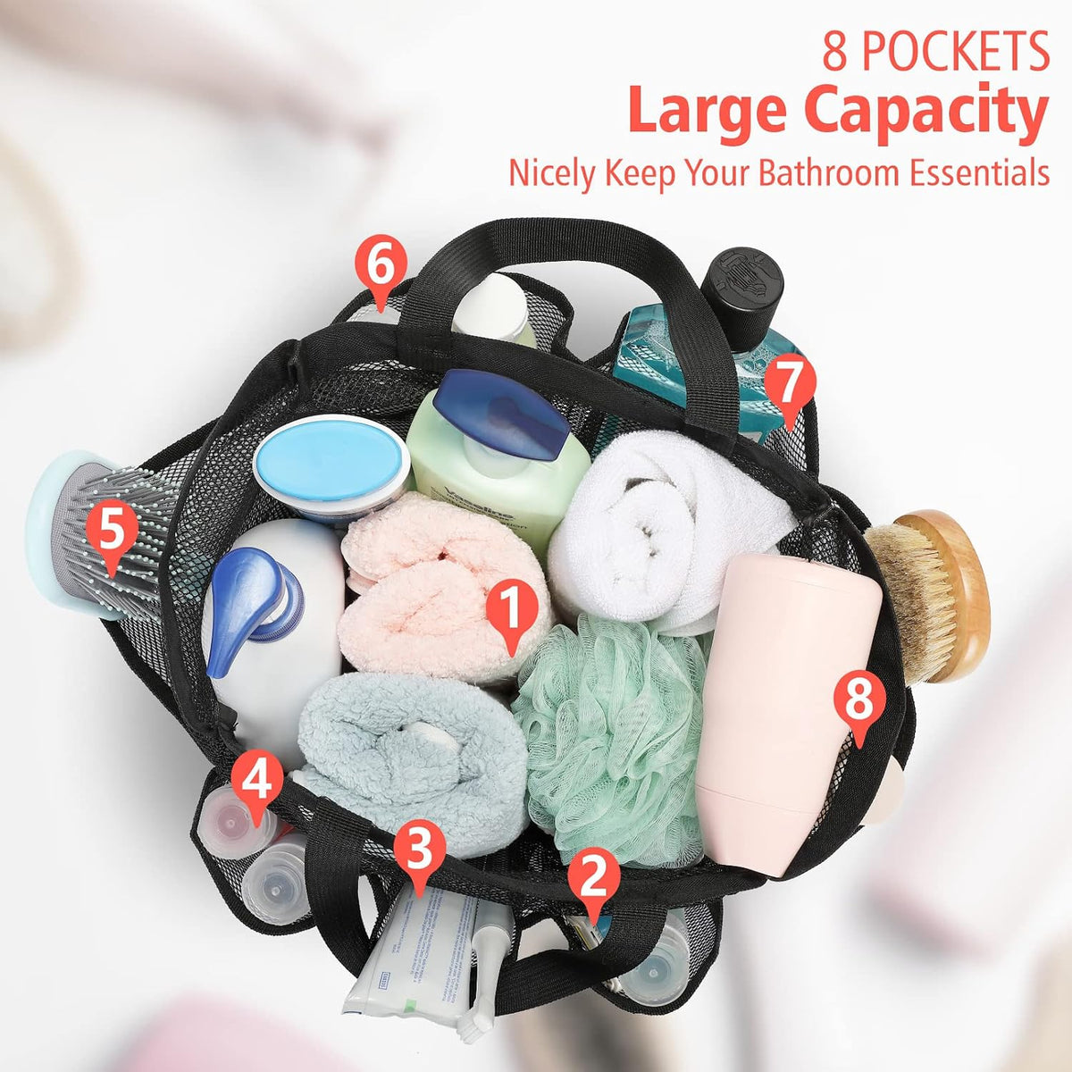 Mesh Shower Caddy Portable - 8 Pockets, Hanging Shower Bag for Dorm Camping