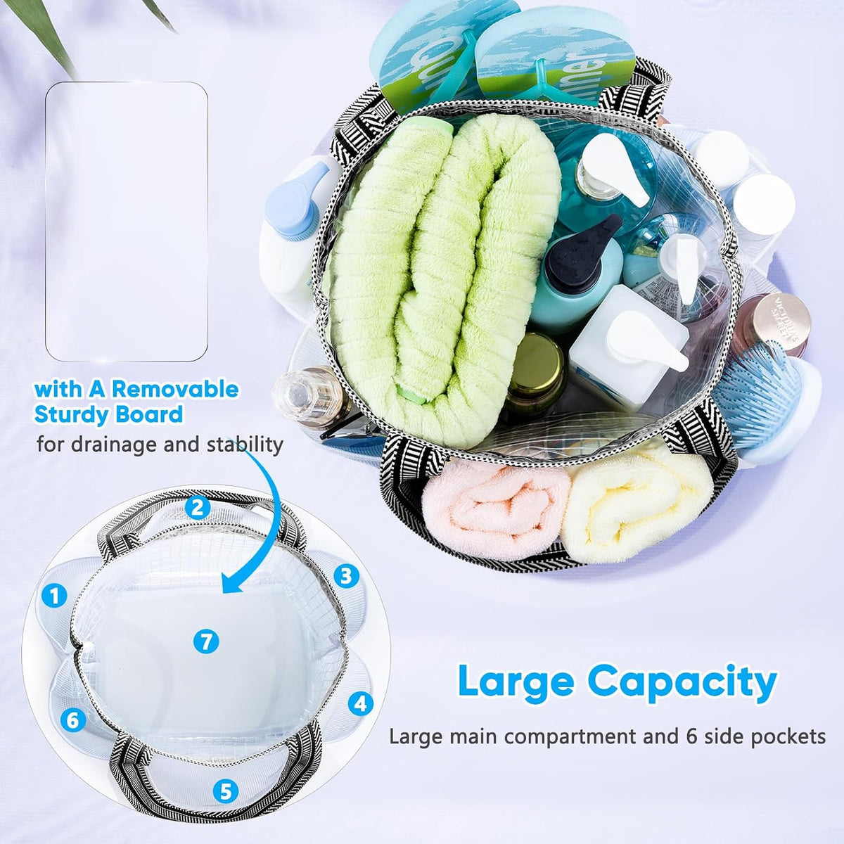 Mesh Shower Caddy Portable for College Dorm Room Essentials with Waterproof Phone Pouch, Shower Bag with Reinforced Bottom for Beach,Camping, Swimming,Gym, Quick Dry Toiletry Bag with 6 Pockets