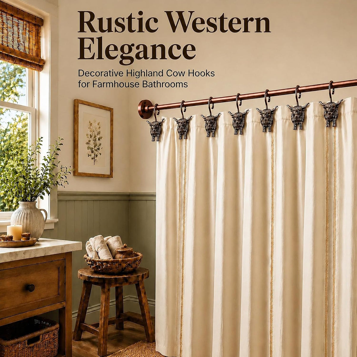 Highland Cow Shower Curtain Hooks, Rust-Resistant Zinc Alloy Metal Hooks, Farmhouse Bathroom Decor, 12 Pack (Antique Copper)