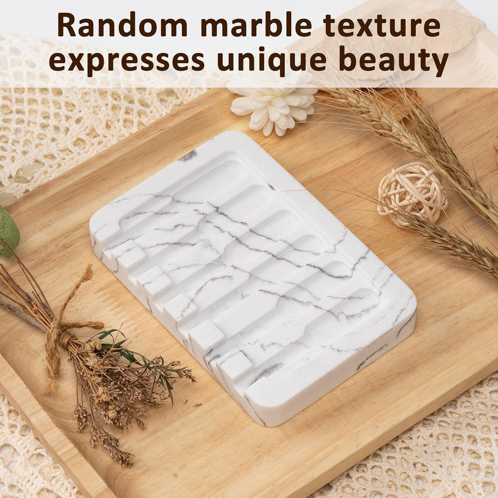Resin Soap Dish Bathroom,Self Draining Marble Look Soap Holder for Shower,Soap Tray for Kitchen,Sink(Marble White)