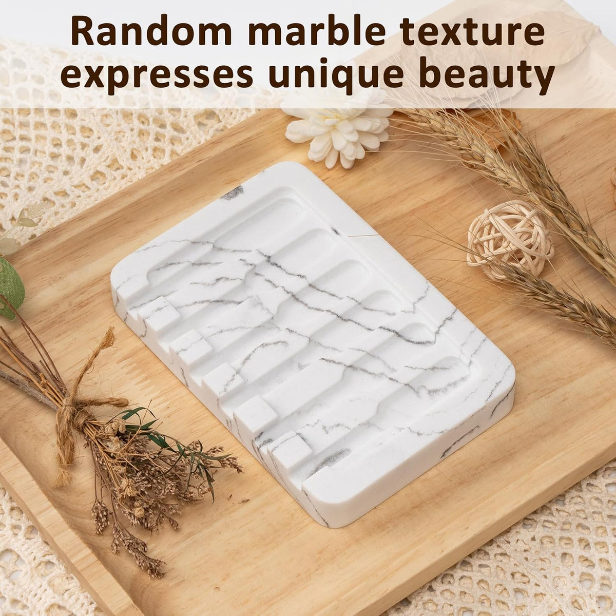 Resin Soap Dish Bathroom,Self Draining Marble Look Soap Holder for Shower,Soap Tray for Kitchen,Sink(Marble White)