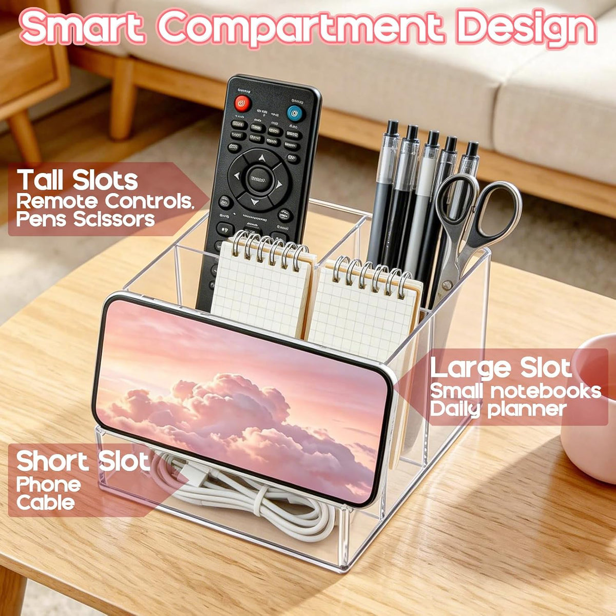 Vowcarol Clear Acrylic Remote Control Holder – 4 Compartment Desk Organizer, TV Remote Holder