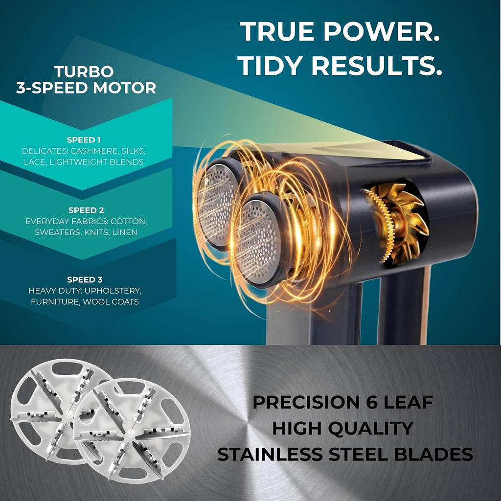 True & Tidy Dual-Head Fabric Shaver with 3-Speed Turbo Power, Rechargeable Lint & Pill Remover for Couches, Upholstery, Furniture, Clothing & Blankets, Built-in LED Light